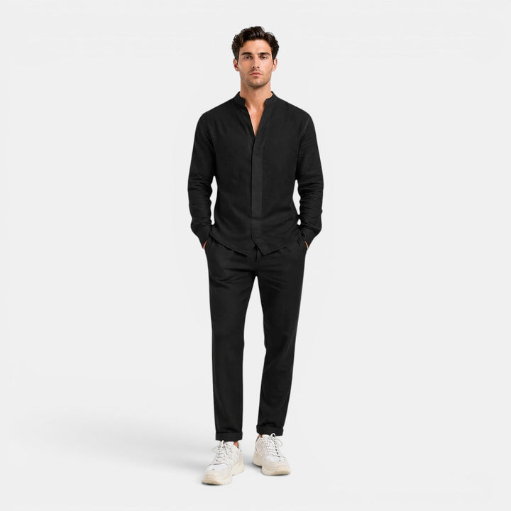  Male model wearing a lightweight matching outfit  