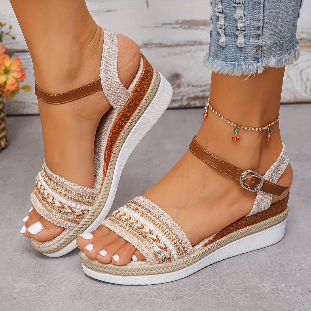 Foot model wearing wedge sandals side angle plain background view
