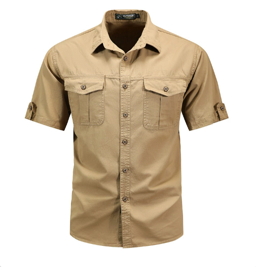 Male model wearing a casual cargo button up shirt with flap chest pockets on a plain background.