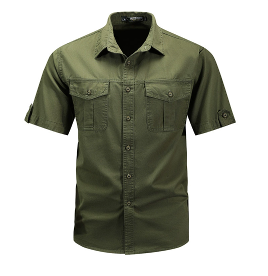  Man in a short sleeve button up cargo shirt with front pockets against a plain background.