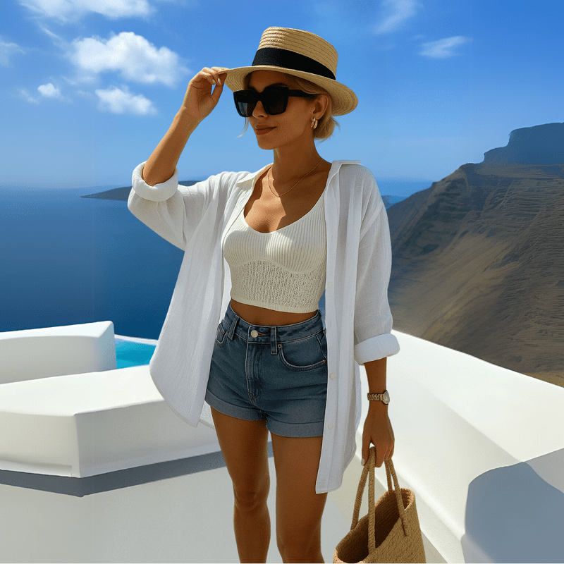 Female model in airy long-sleeved beach shirt on nature background.