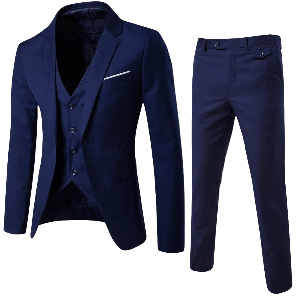 A coordinated three-piece suit with notched lapel blazer and button-front waistcoat on a plain background.
