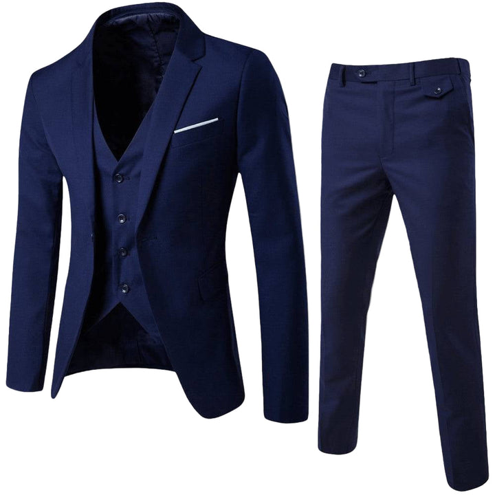 A coordinated three-piece suit with notched lapel blazer and button-front waistcoat on a plain background.