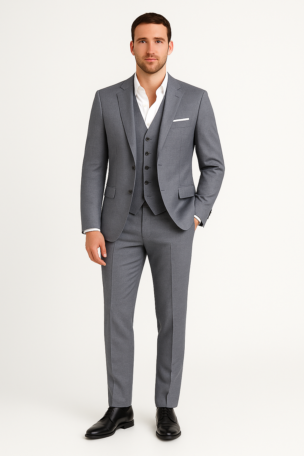  Model showcasing a smart three-piece suit set with structured blazer and matching trousers on a plain background.
