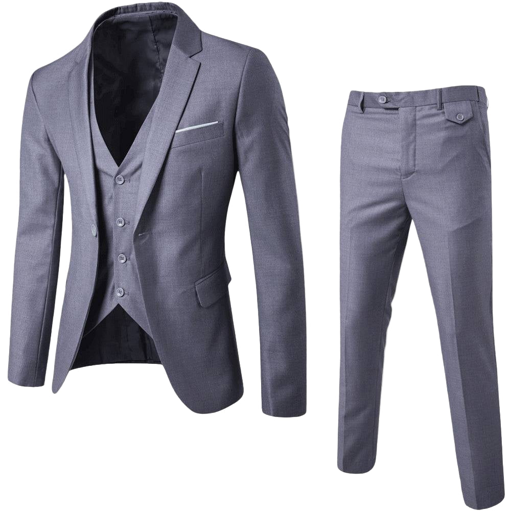 A polished suit set with lapel blazer, waistcoat, and streamlined trousers on a plain background.