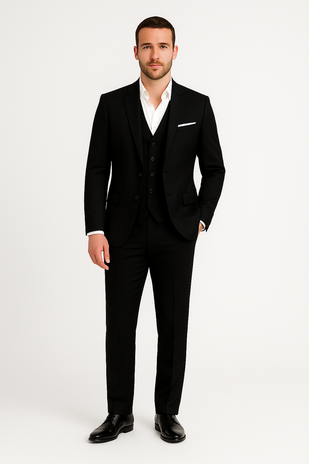  Model styled in a formal three-piece suit with button wai