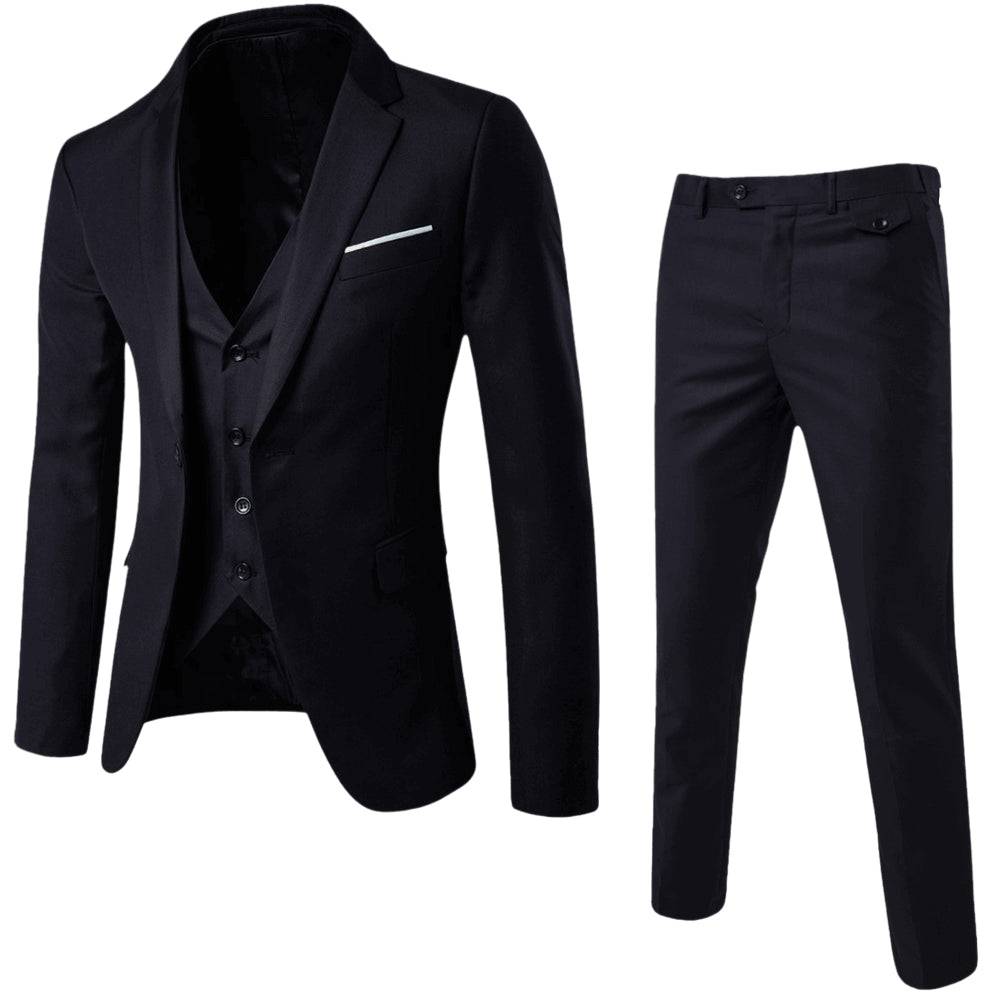 A modern formal suit set with single-breasted blazer and matching trousers on a plain background.