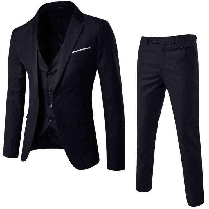 A modern formal suit set with single-breasted blazer and matching trousers on a plain background.