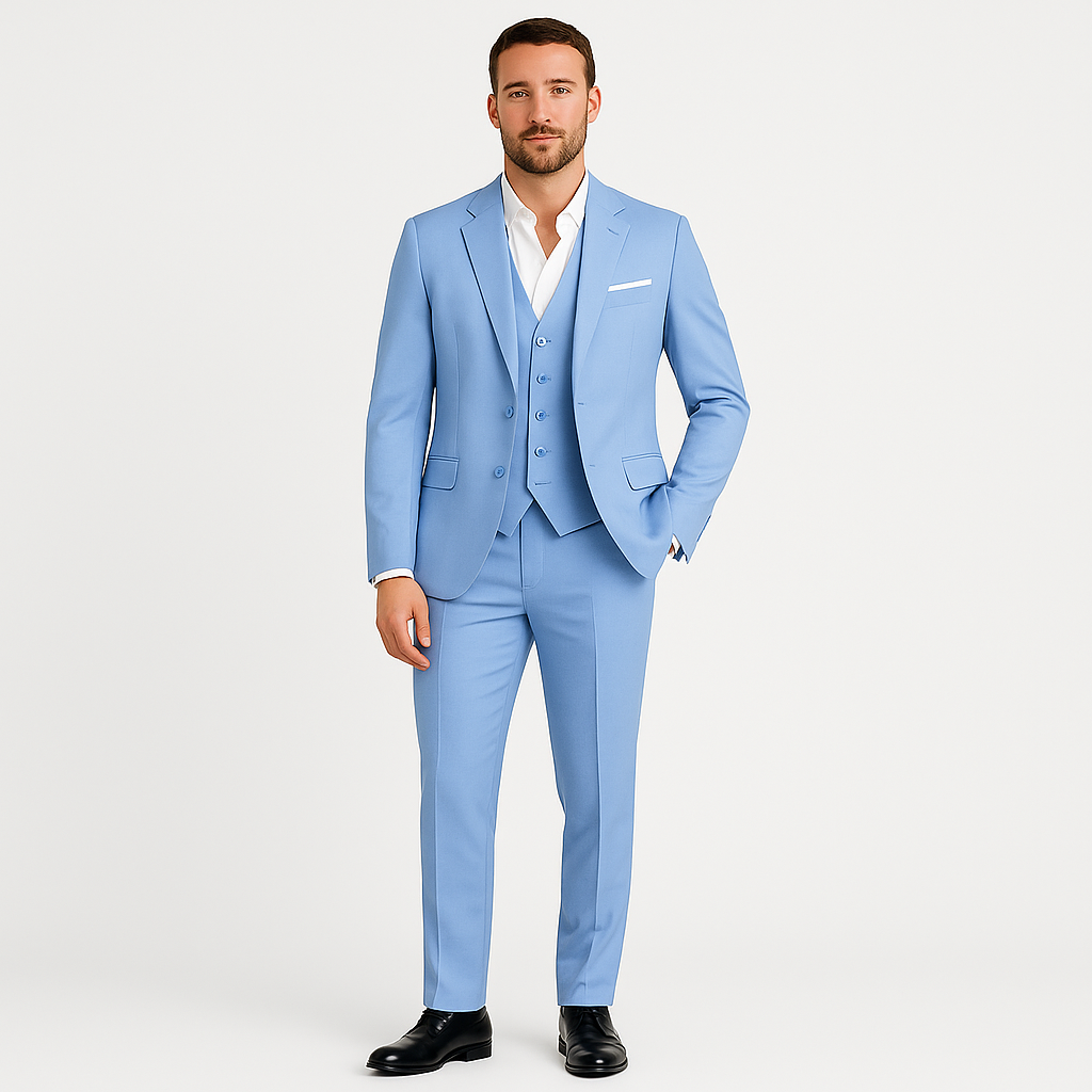  Model wearing a three-piece outfit with notched lapel jacket and V-neck waistcoat on a plain background.ound.