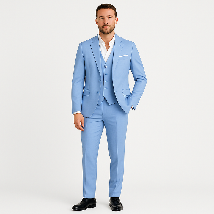  Model wearing a three-piece outfit with notched lapel jacket and V-neck waistcoat on a plain background.ound.
