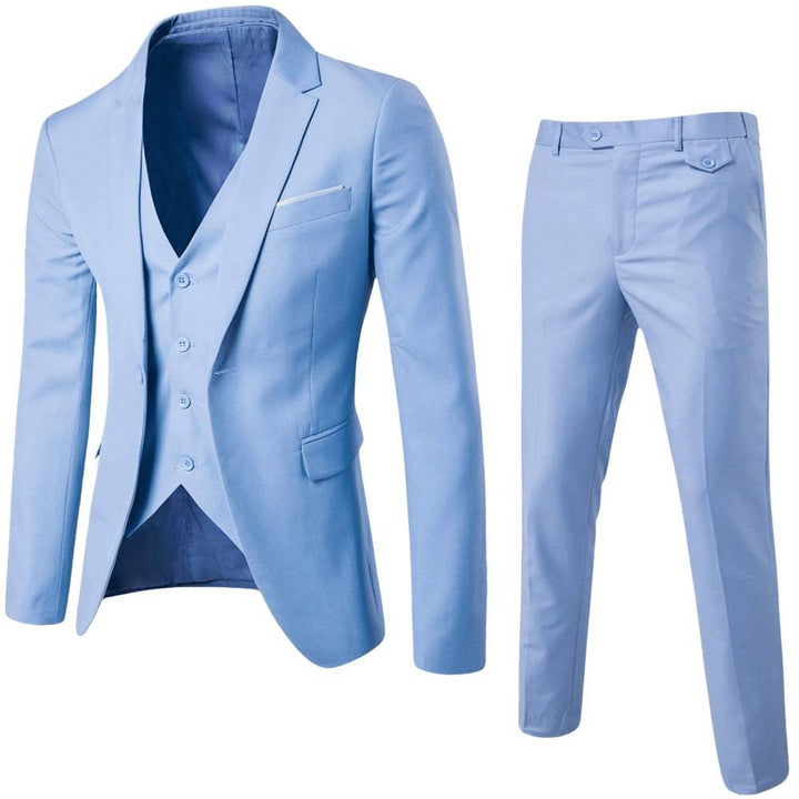 A smart suit set with button fastening and tailored trouser finish on a plain background.