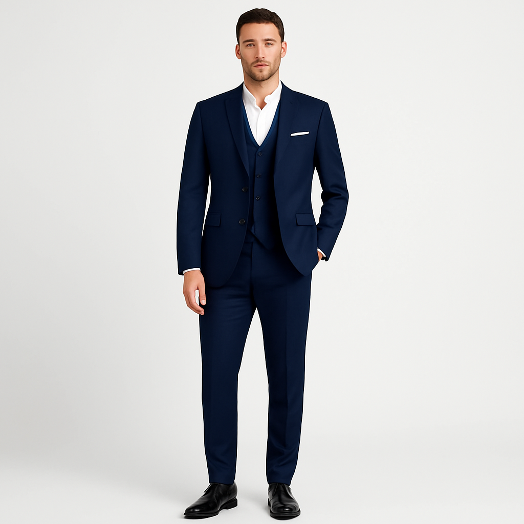 Model wearing a modern three-piece suit set with blazer, waistcoat, and tailored trousers on a plain background.