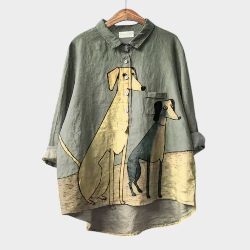 Woman showcasing trendy oversized shirt with fun print on clean background