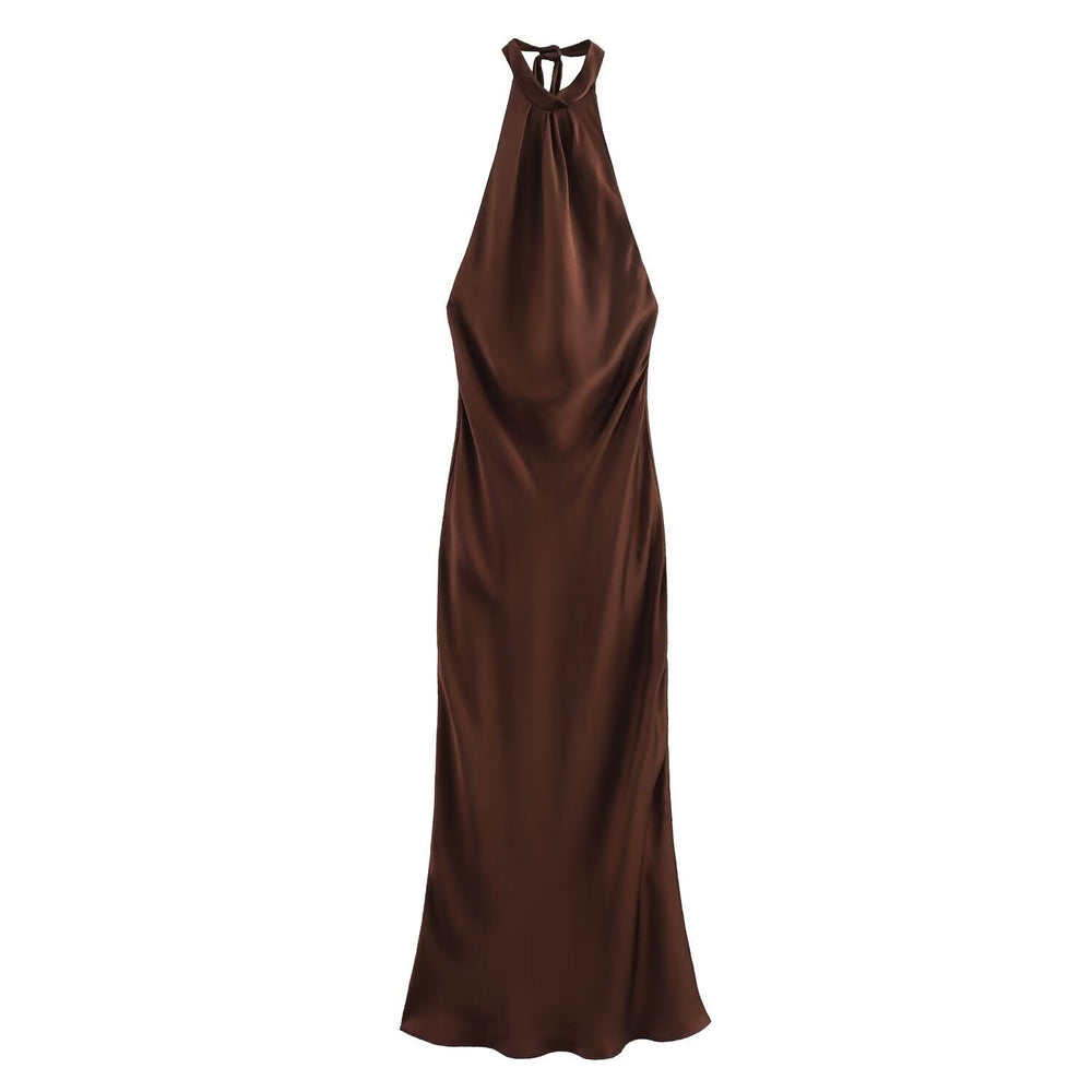 Brown backless halter maxi dress displayed on a woman model against a plain background.