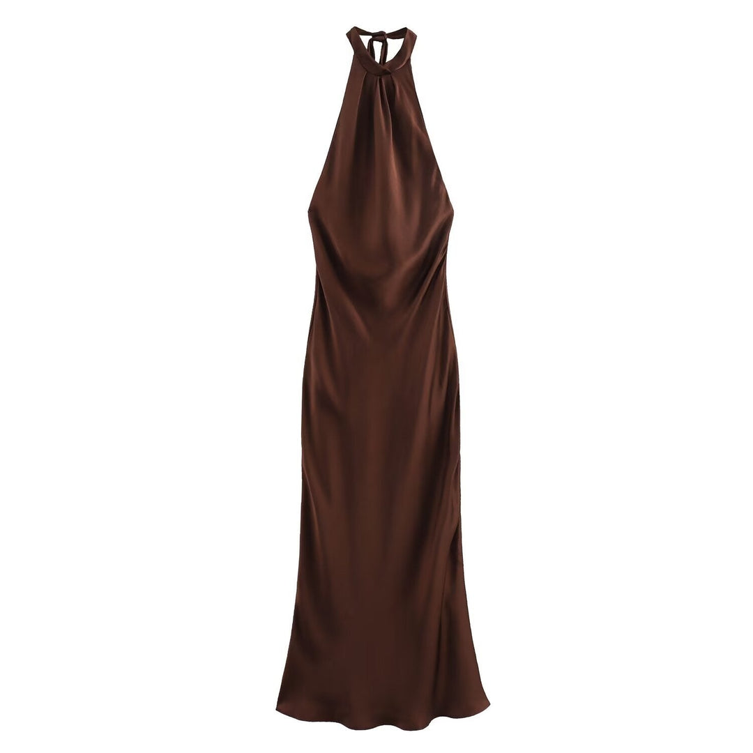 Brown backless halter maxi dress displayed on a woman model against a plain background.