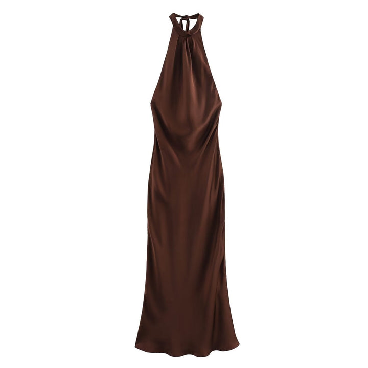 Brown backless halter maxi dress displayed on a woman model against a plain background.