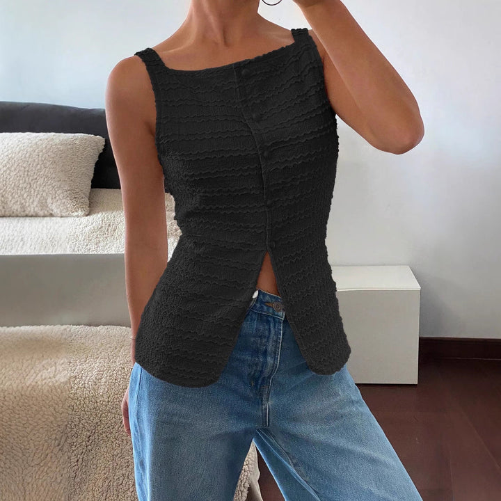 Female model styled in a textured sleeveless top with button front detail on a clean background.