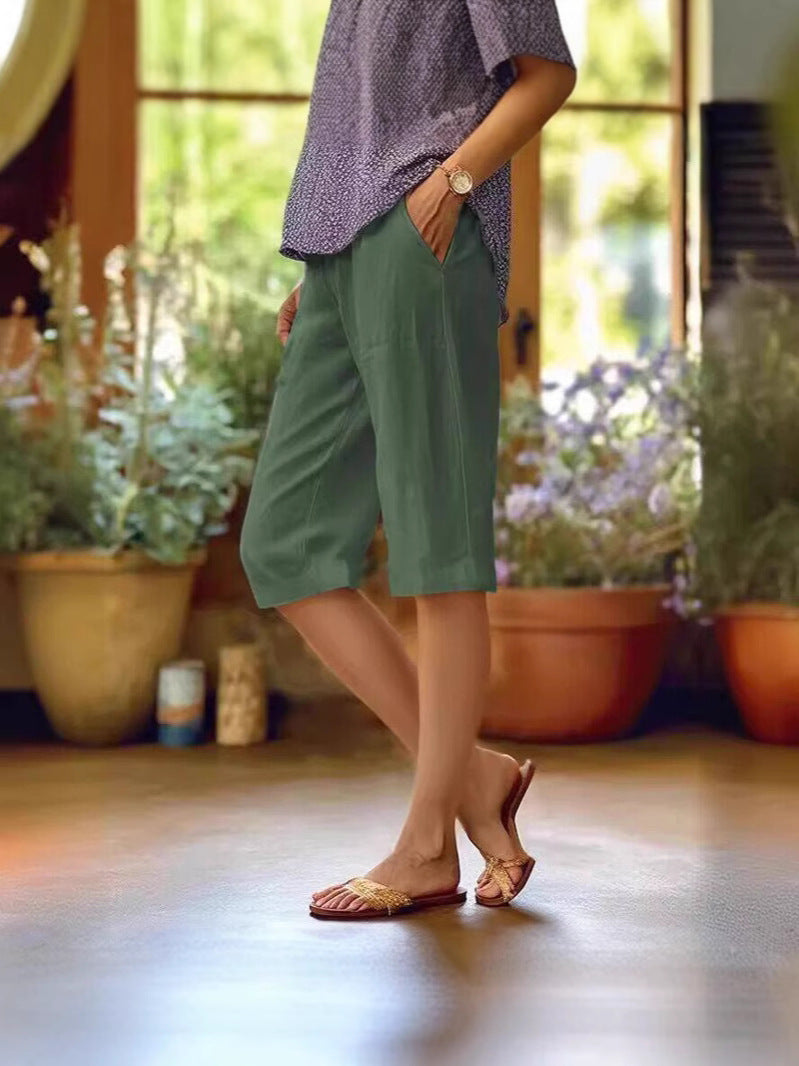 Light seasonal shorts side view with nature backdrop