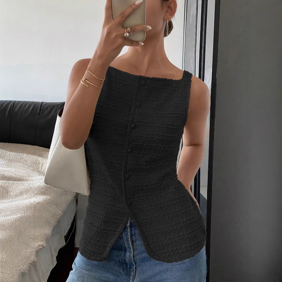 Woman showcasing a lightweight sleeveless summer top with a refined button front design.