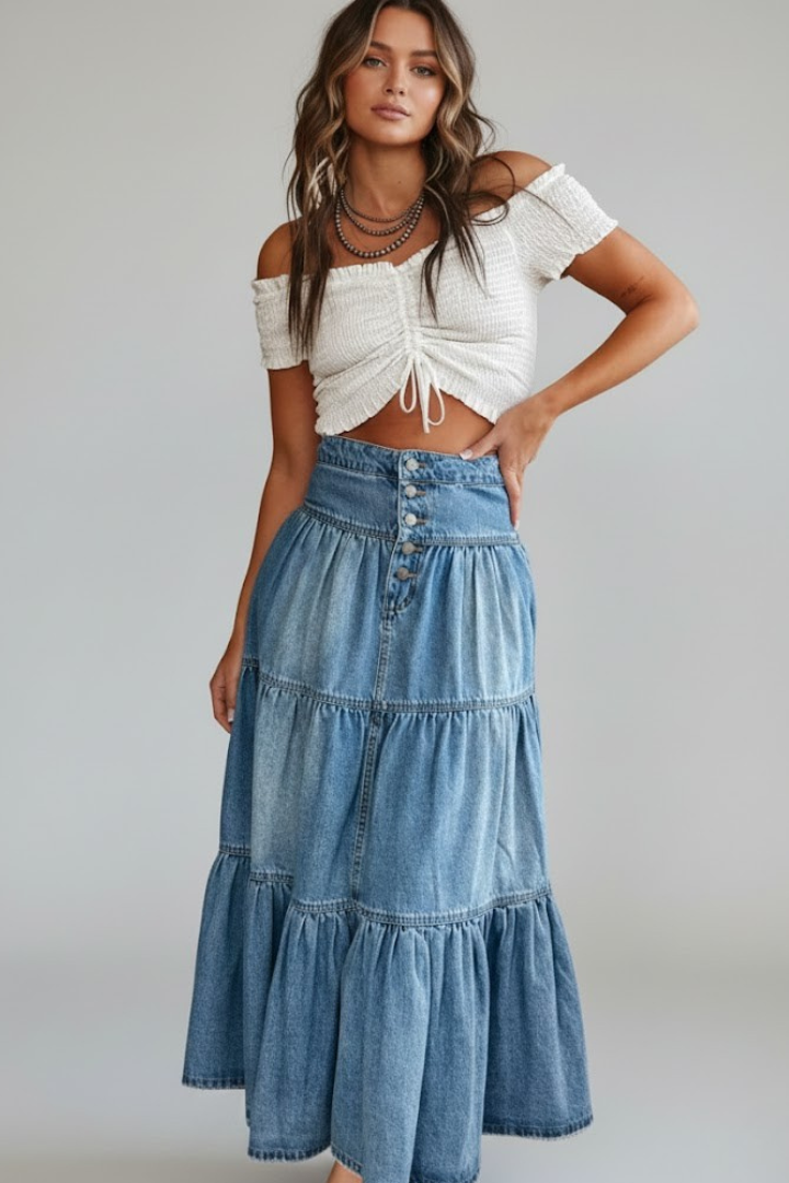 Model wearing long denim skirt front view gray background