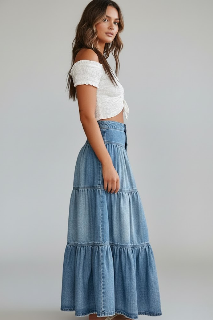 Model standing in high waist denim skirt and white top 