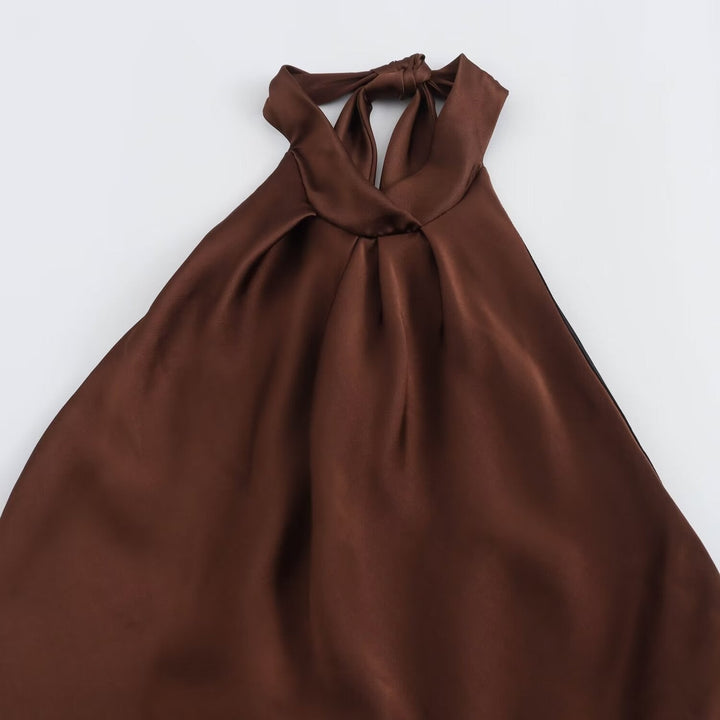 Chic brown column maxi dress with halter detail.