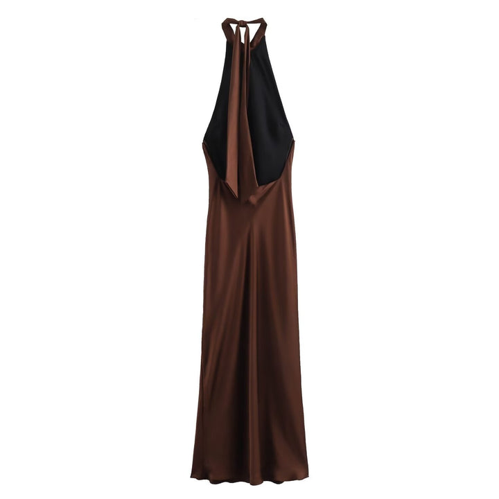 Woman model showcasing a flowing brown maxi dress with halter neckline, back view