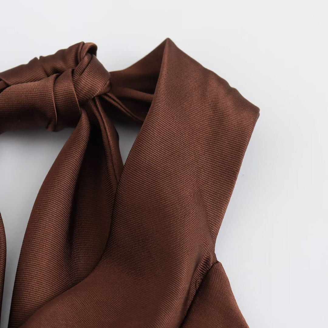 Brown halter upper angle view, maxi dress with flowing silhouette
