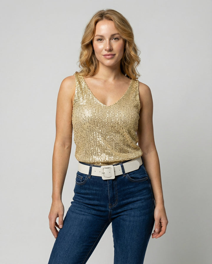 Glitter women’s top with V-neckline and sequin detail for party styling.