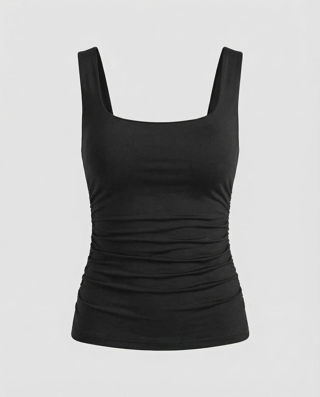 Female model showcasing a fitted casual top with a modern square neck design.