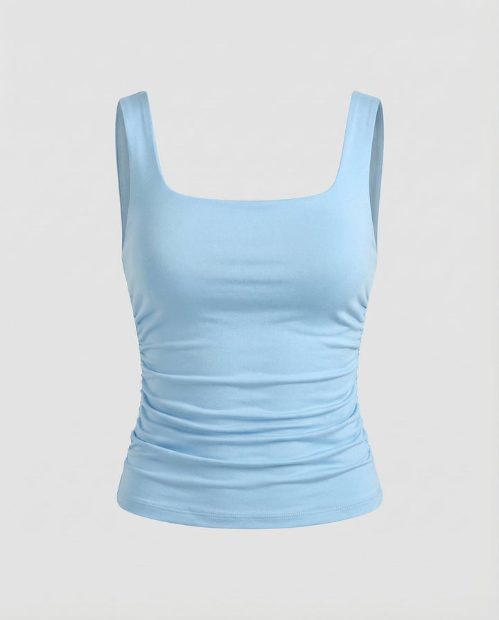 Female model in a fitted square neck top styled for everyday wear.
