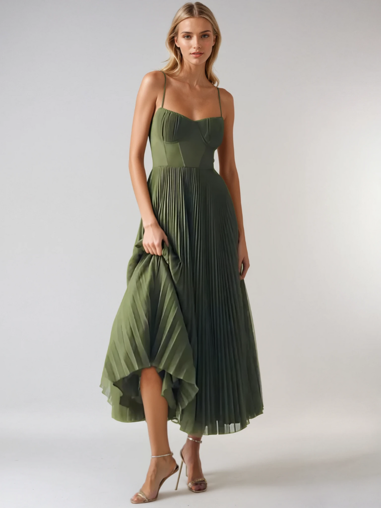 Woman wearing a graceful pleated formal look against a plain background.