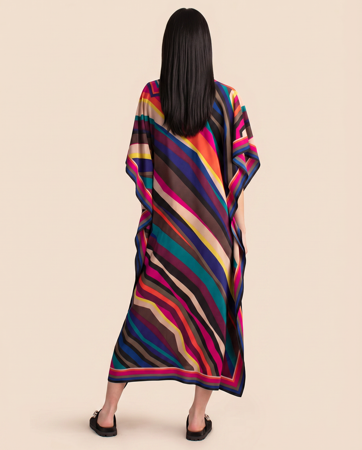Beach outing kaftan dress with airy sleeves displayed on a clean background, back view