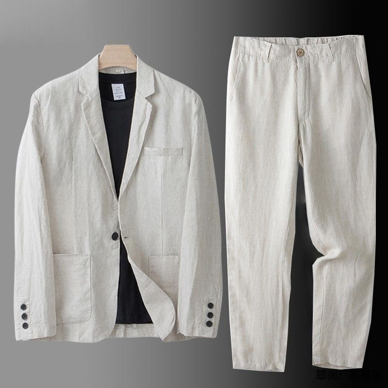 Male model wearing a linen blazer and matching trousers on a plain background.