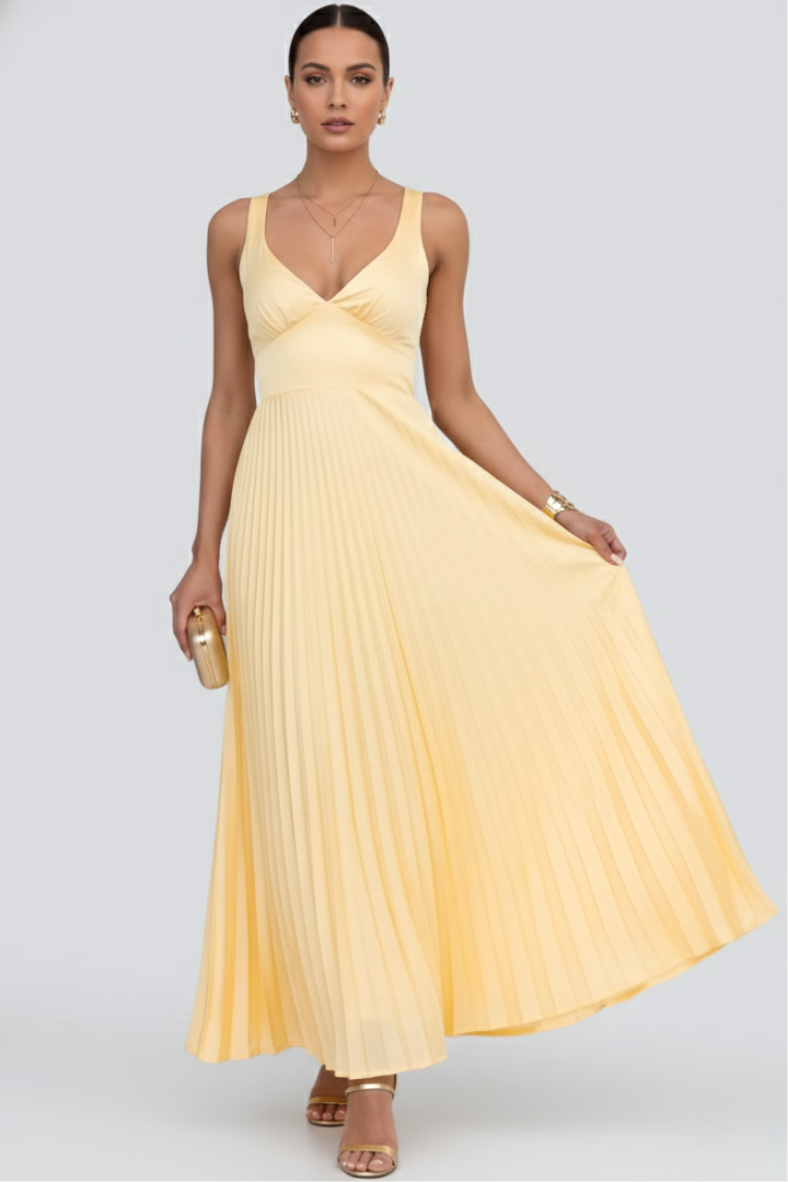 Front view pleated maxi dress on gray background