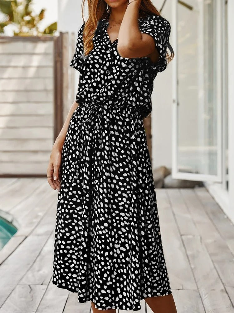 Breezy printed midi dress with short cuffed sleeves