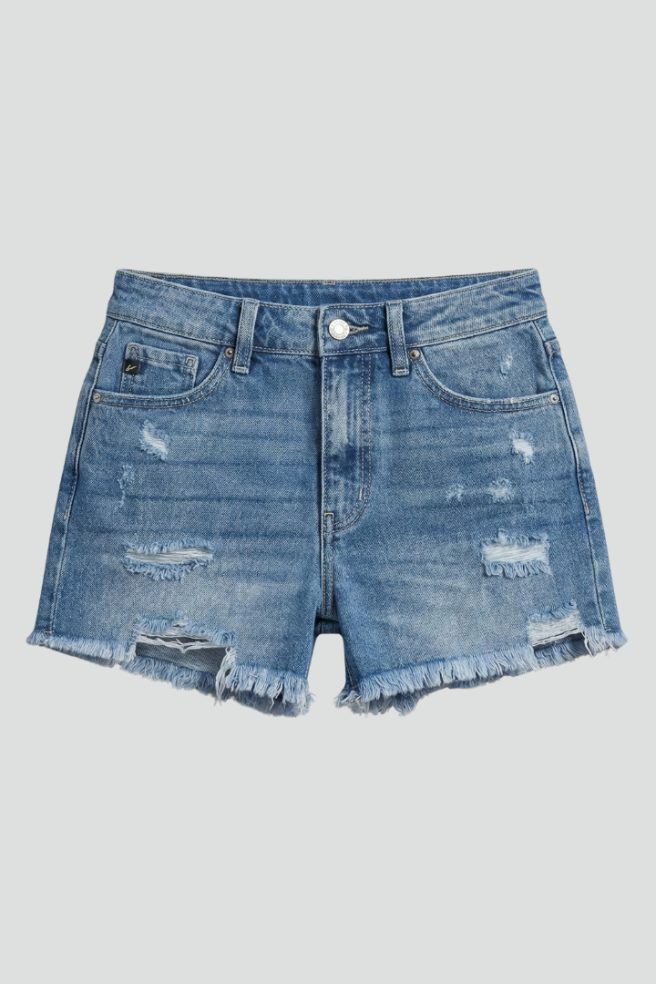 Mid-rise distressed summer shorts in gray background