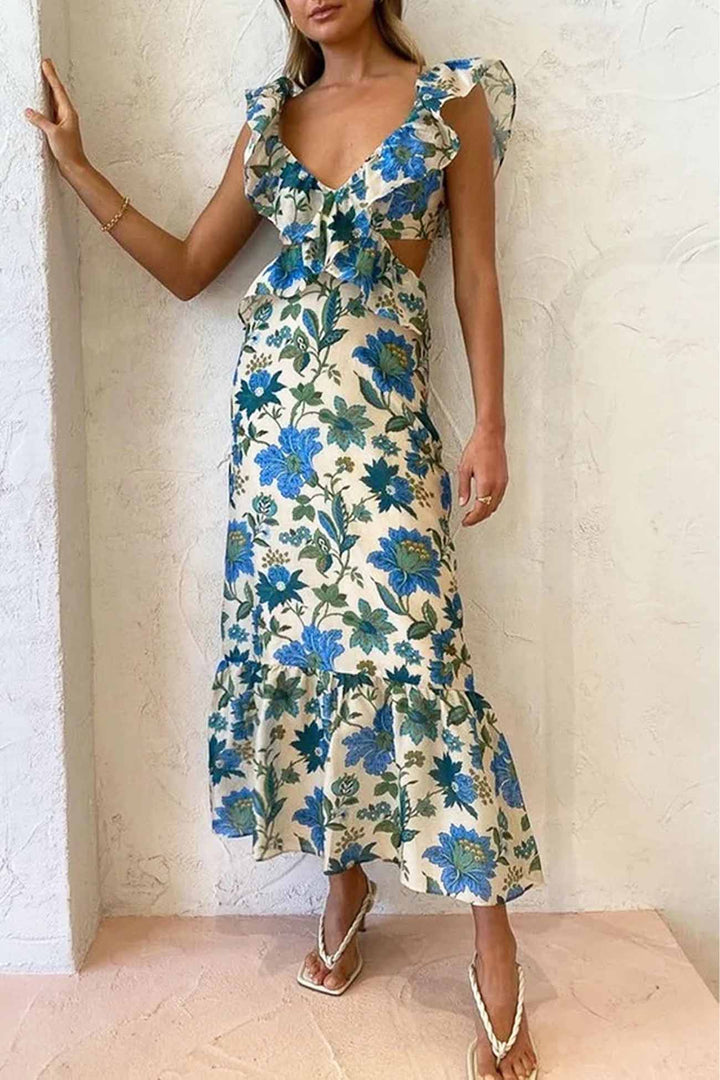 Model front pose with soft ruffle accents visible plain background