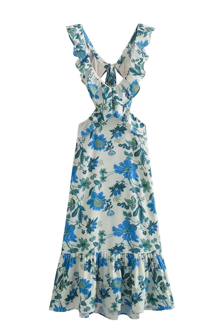 Model full length front display of floral patterned maxi dress