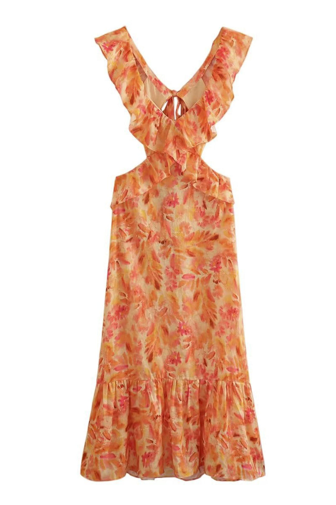 Model angled front showcasing waist fit and flowing skirt detail