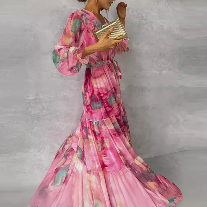 Flowing maxi dress front angle hanging plain background clear view
