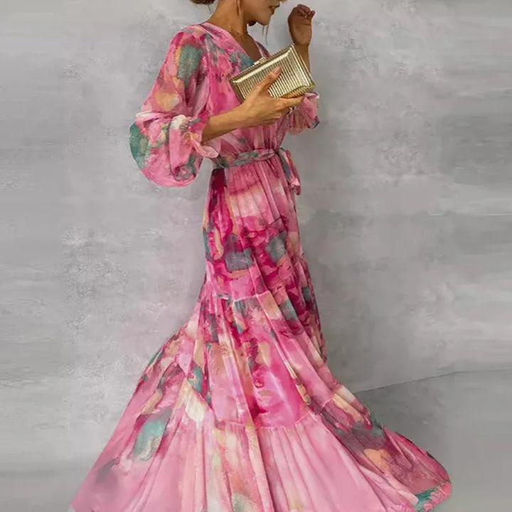 Flowing maxi dress front angle hanging plain background clear view