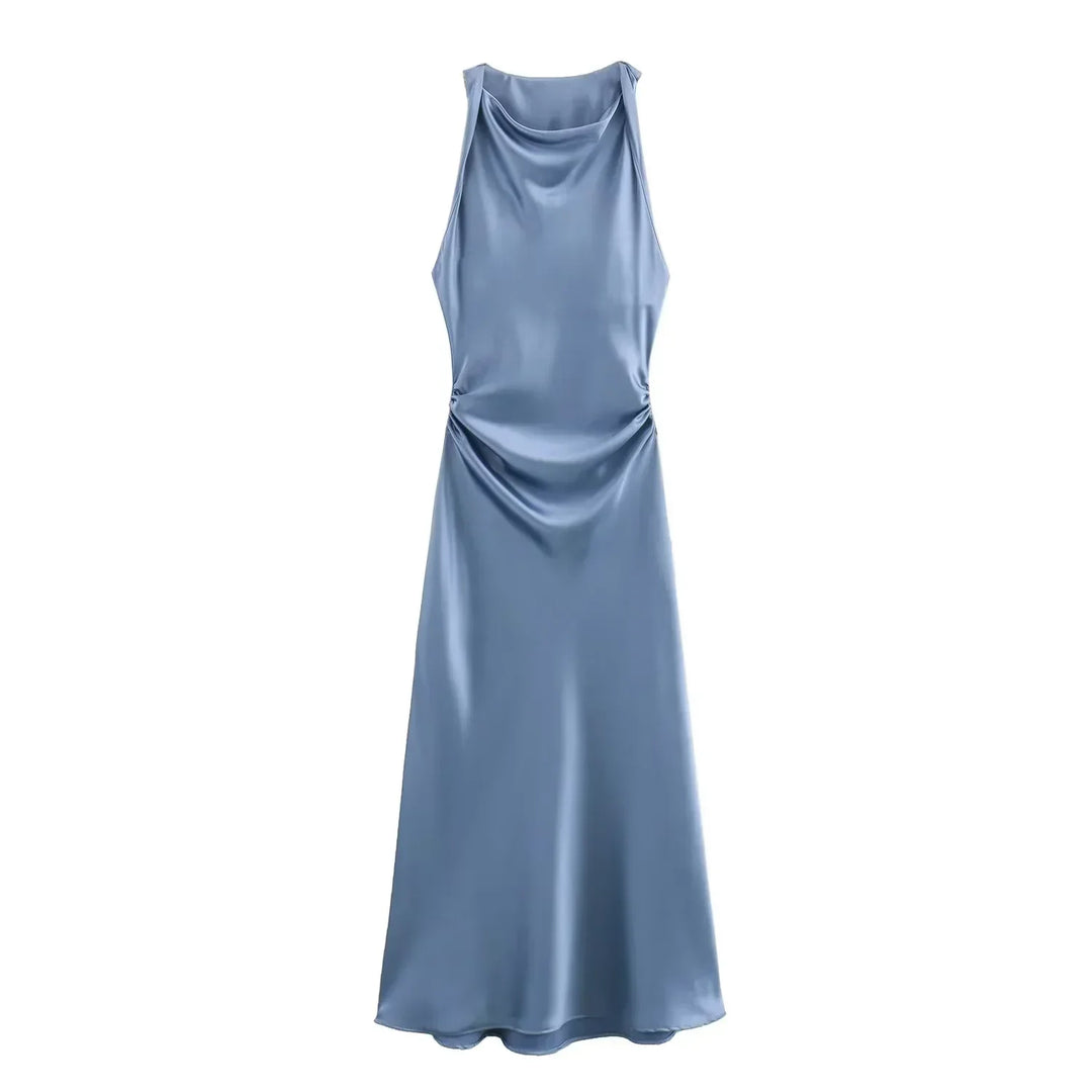 A cowl neck midi dress on a plain background.