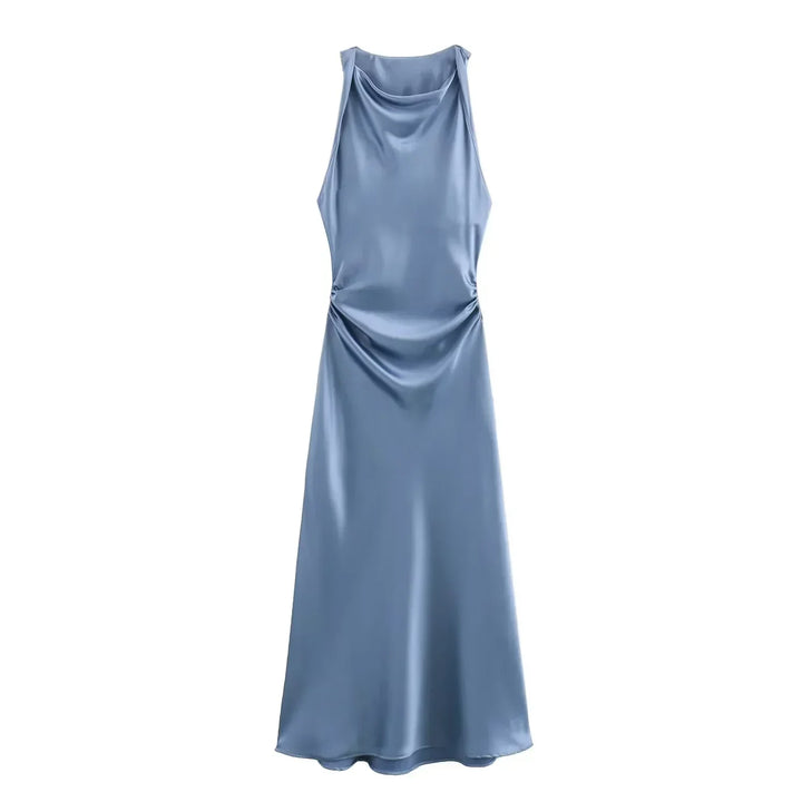 A cowl neck midi dress on a plain background.