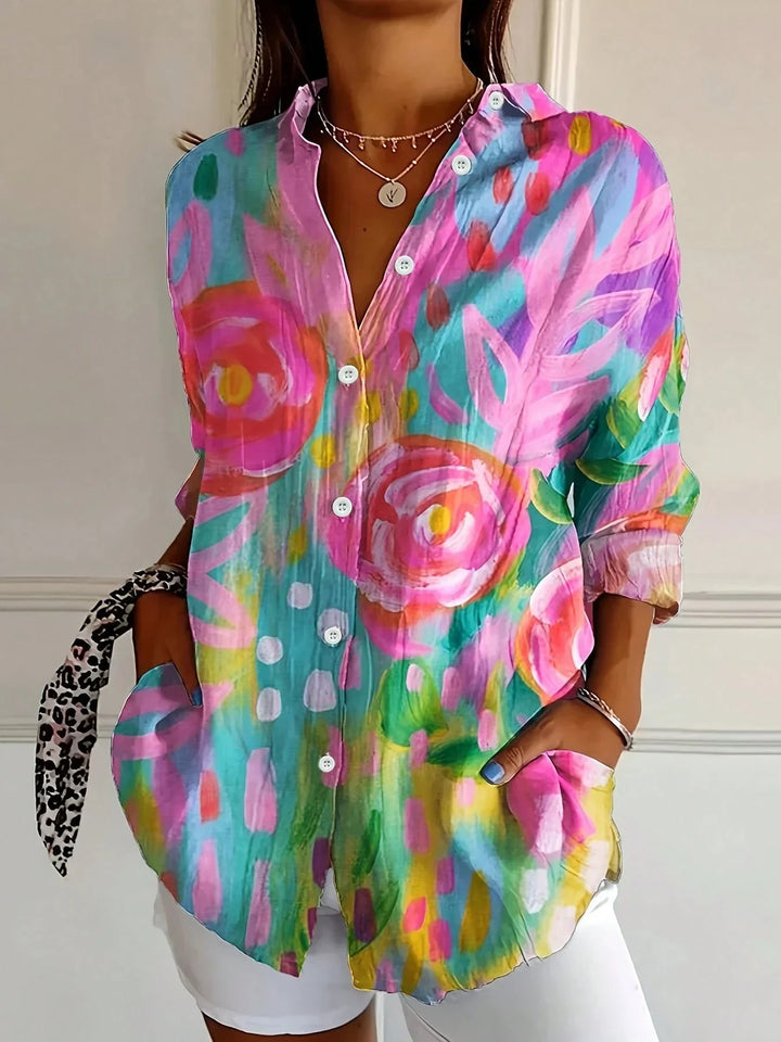 Front view of flowy floral dress on white background