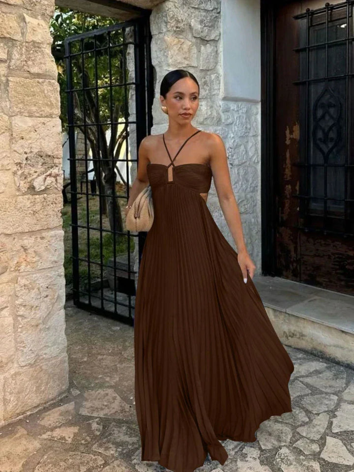 Farrah | Glamorous Halter Pleated Long Maxi Dress with Strappy Deign