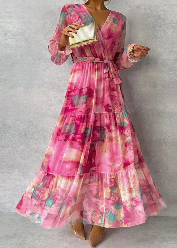 Floral wrap dress hanging front view plain background full length