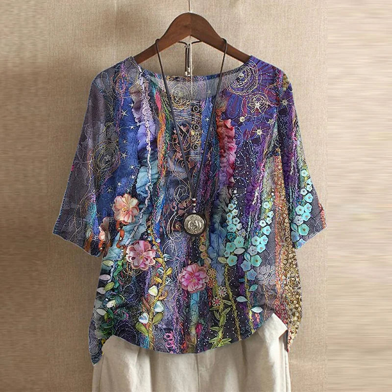 Artistic women’s top with soft botanical starry print