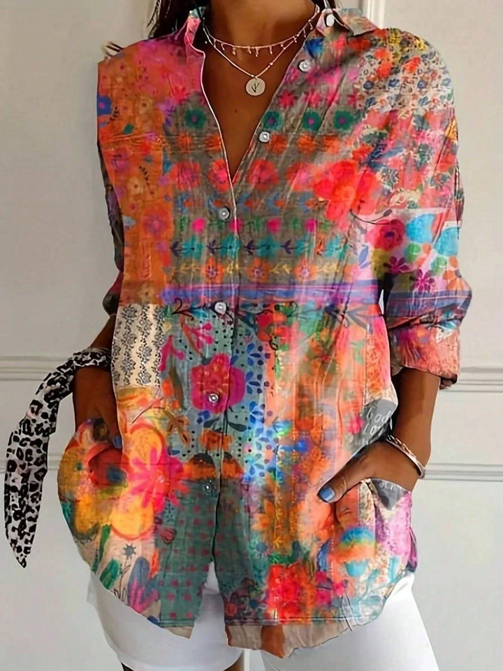 Front close-up of bodice button multiple color blouse