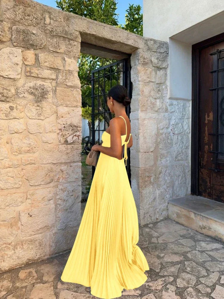 Farrah | Glamorous Halter Pleated Long Maxi Dress with Strappy Deign